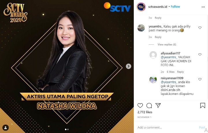 SCTV Awards 2020: Natasha Wilona Kandidat Kuat Aktris Paling Ngetop, \'Gantikan\' Prilly Latuconsina?