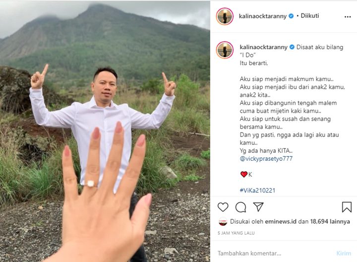 Kalina Oktarani Pamer Cincin, Momen Lamaran Haru Libatkan Putra Vicky Prasetyo