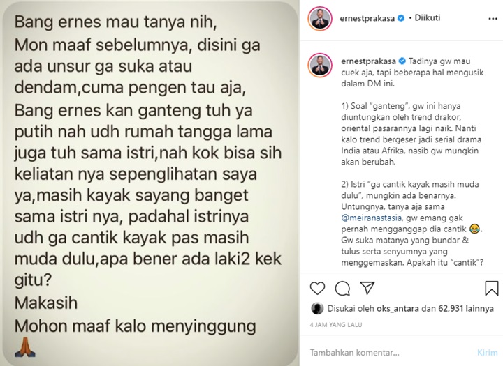 Biasa Cuek, Ernest Prakasa Terusik Komentar yang Sebut Sang Istri Gak Cantik Lagi