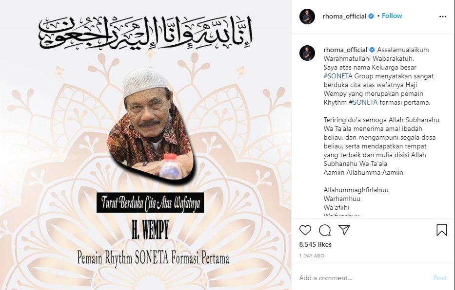 Kabar Duka dari Rhoma Irama, Salah Satu Personel Soneta Formasi Pertama Meninggal Dunia