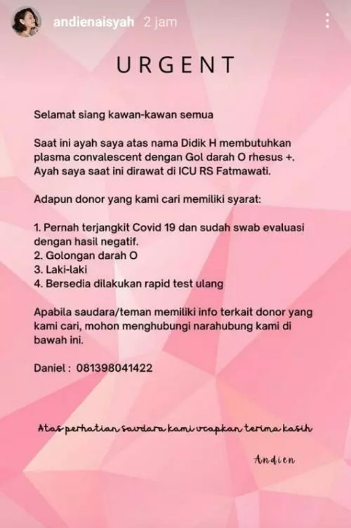 Andien Butuh Donor Plasma Untuk Ayahnya Yang Sedang Dirawat di ICU