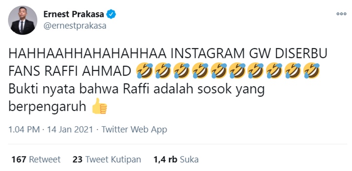 Diserang Usai Sampaikan Kritik, Ernest Prakasa Makin Yakin Pengaruh Besar Raffi Ahmad