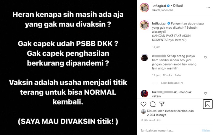 Lutfi Agizal Sindir Masyarakat yang Tolak Vaksinasi COVID-19, Tantang \'Perlihatkan\' Diri