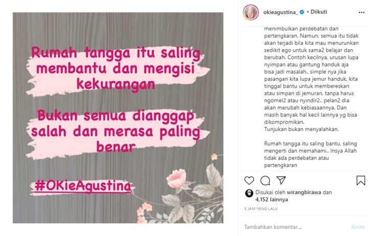 Ramai Artis Digosipkan Cerai, Okie Agustina Tulis Kalimat Bijak Soal Rumah Tangga