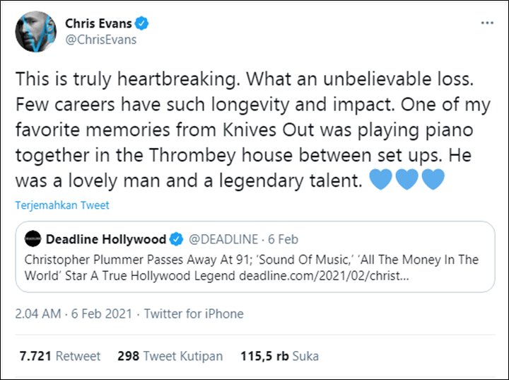 Christopher Plummer Meninggal Dunia, Chris Evans Hingga Julie Andrews Beri Ucapan Penghormatan