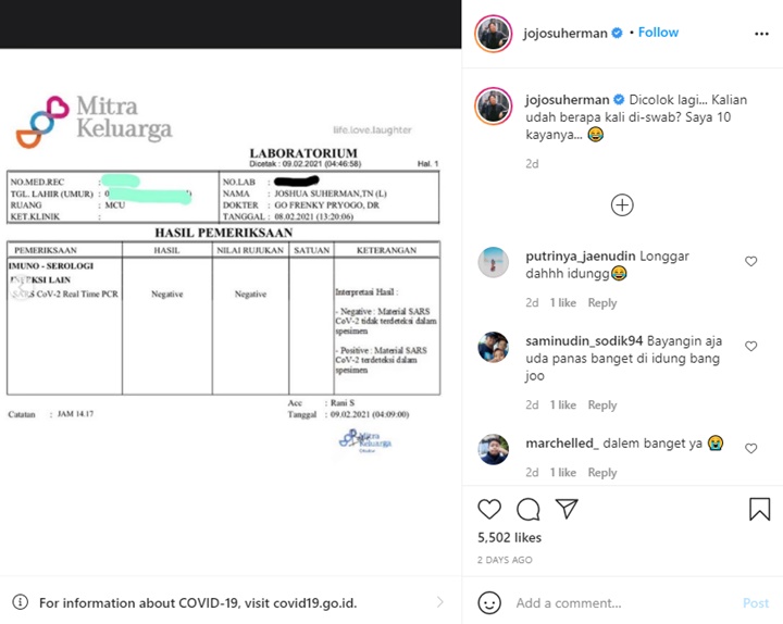 Joshua Suherman Bagikan Pengalaman Usai Tes Swab Sampai 10 Kali, Tunjukkan Hasilnya