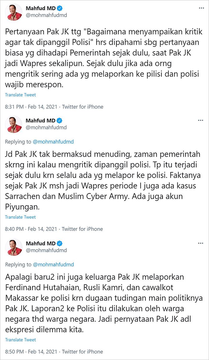 Mahfud MD Tanggapi JK