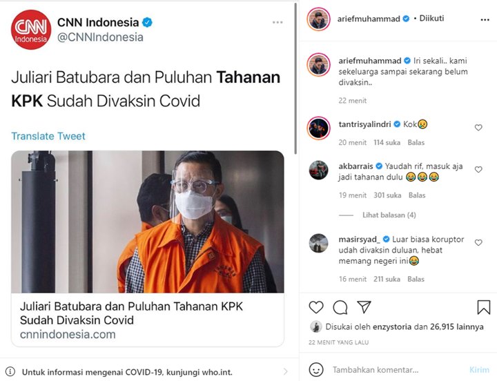 Arief Muhammad Iri pada Tahanan KPK yang Sudah Divaksin Covid: Kami Sekeluarga Belum!