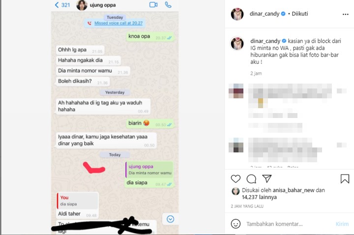 Dinar Candy Beri Reaksi Tak Terduga Saat Aldi Taher Minta Nomor WA Pasca Diblokir IG