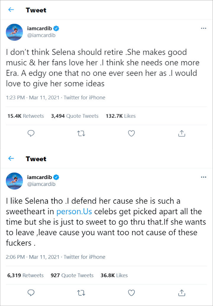 Cardi B Sedih Dan Tak Rela Selena Gomez Bakal Pensiun Dari Dunia Musik