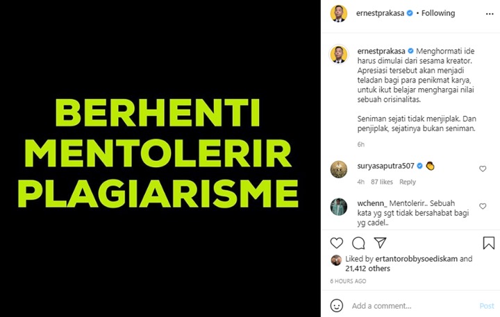 Bahas Konten Plagiat, Ernest Prakasa: Tahu Malu Dong!