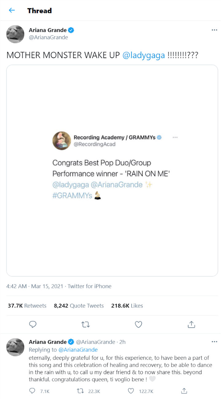 Grammy Awards 2021: \'Rain on Me\' Menang, Ariana Grande Tunjukkan Reaksi Kocak Pada Lady Gaga