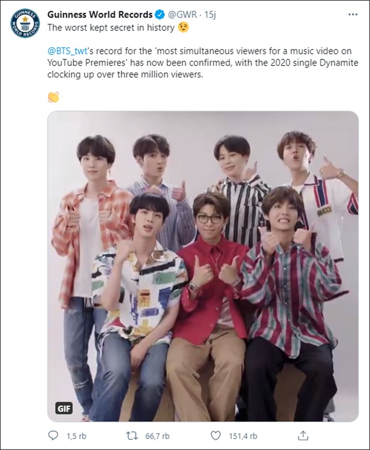 Tak Berhenti Raih Prestasi, BTS \'Dynamite\' Kembali Cetak Rekor Dunia Guinness Terkait Viewers