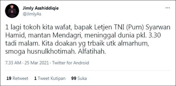 Jimly Kabarkan Meninggalnya Syarwan Hamid
