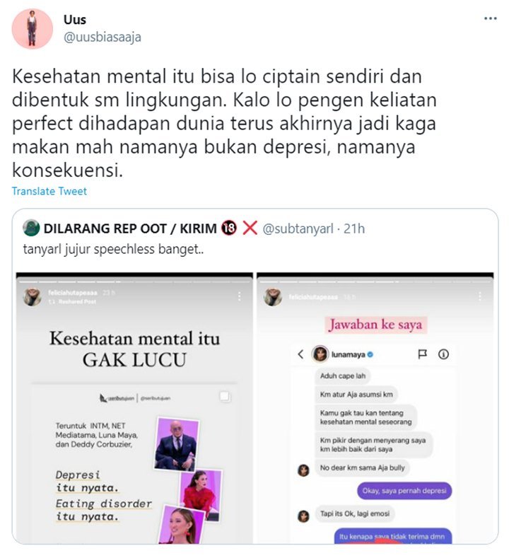 Uus Minta Netizen Bedakan Depresi dengan Konsekuensi, Bela Luna Maya?