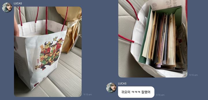 Lucas WayV menunjukkan potret kumpulan surat yang diberikan oleh para penggemar di bandara