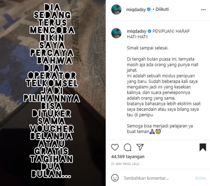 Miqdad Addausy Bagikan Rekaman Suara Dengan Seorang Penipu, Dikatain Tak Pantas