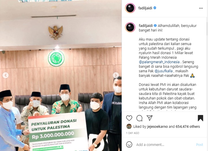 Fadil Jaidi Banjir Pujian Pasca Salurkan Donasi Rp 4 Miliar Untuk Palestina