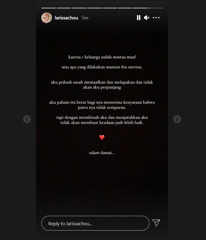 Larissa Chou Berbesar Hati Maafkan Ibu Mertua Usai Disebut \'Sakit\', Tulis Pesan Menohok