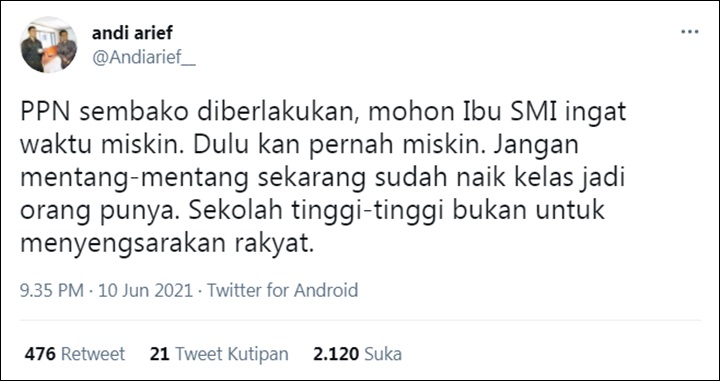 Andi Arief Komentari PPN Sembako