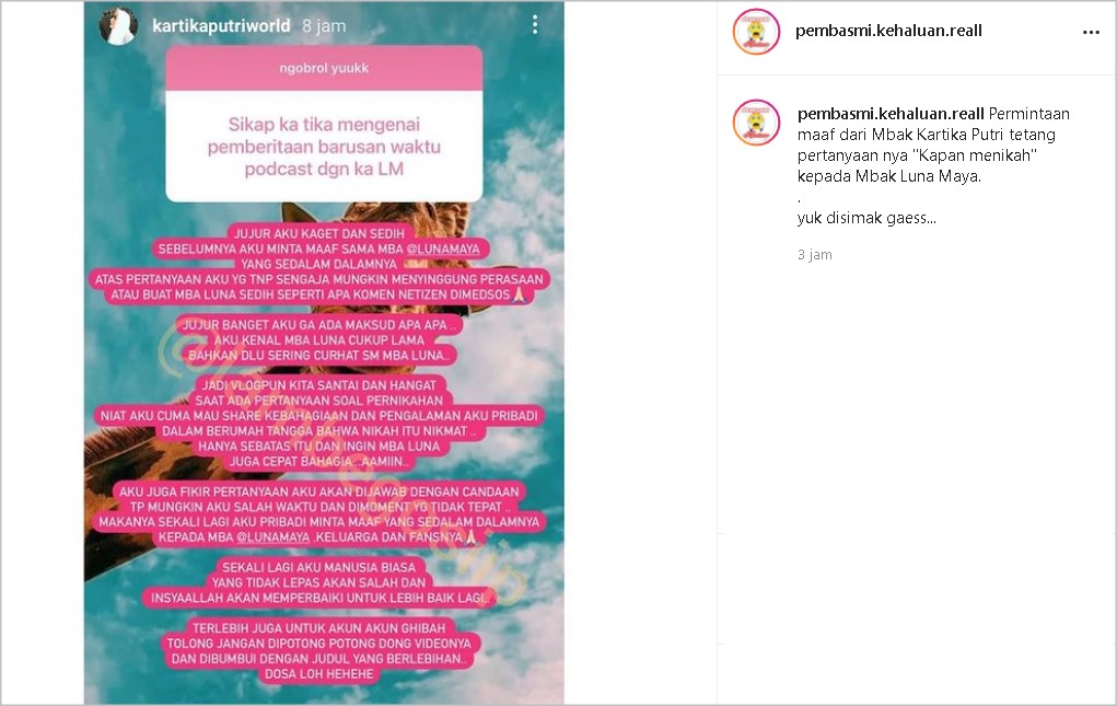 Pertanyaan Kapan Nikah ke Luna Maya Tuai Kritik, Kartika Putri Minta Maaf: Aku Kaget dan Sedih
