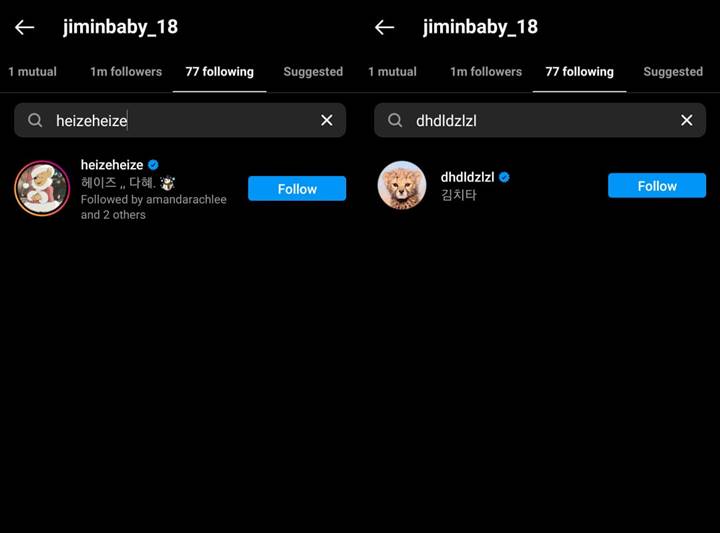 Jimin, Cheetah, dan Heize saling mengikuti di Instagram