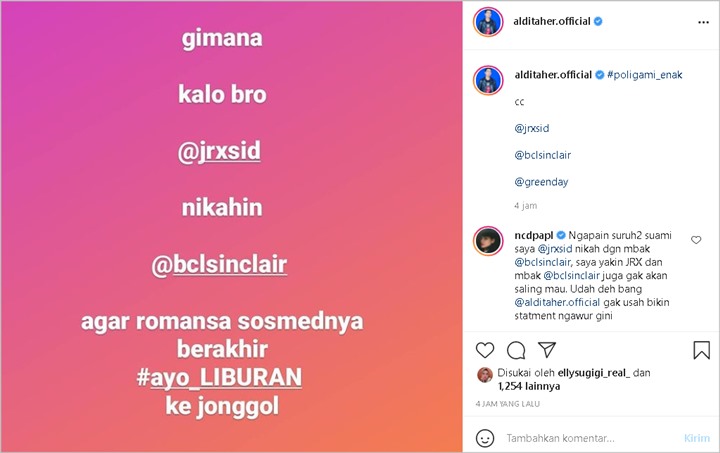 Aldi Taher Minta Jerinx Nikahi BCL, Auto \'Disemprot\' Nora Alexandra: Gak Usah Bikin Statement Ngawur