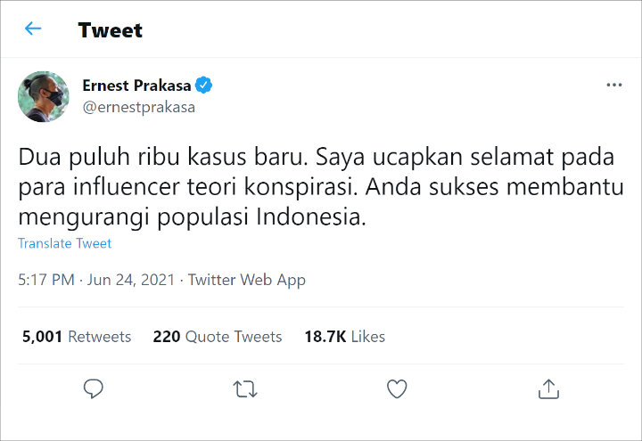 Jumlah Kasus COVID-19 Tembus 20 Ribu, Ernest Prakasa Beri Sentilan Ini Ke Penyebar Teori Konspirasi