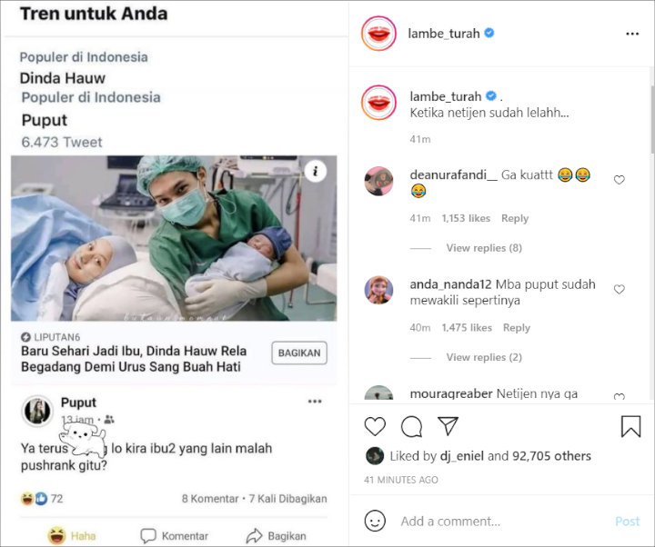 \'Puput\' Jadi Trending Topic Usai Komentari Sinis Pengalaman Pertama Dinda Hauw Jadi Ibu