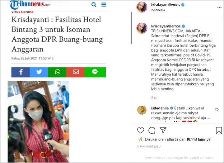 Krisdayanti Tanggapi Soal Fasilitas Hotel Bintang 3 untuk Isoman Anggota DPR, 2 Artis Ini Nimbrung