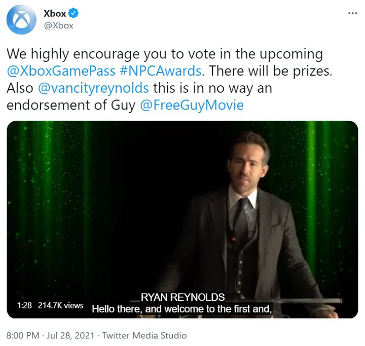 Ryan Reynolds Didapuk Jadi Host Awards Xbox Pertama Rayakan Rilis \'Free Guy\'