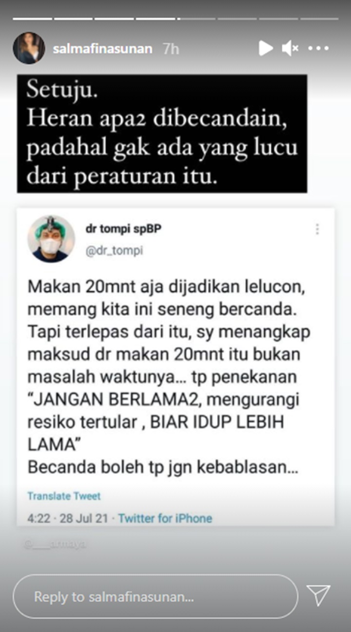 Salmafina Sunan Tanggapi Kritik Tompi Soal Lelucon Aturan Makan 20 Menit, Sependapat?