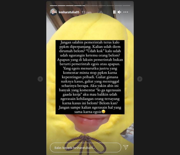 Kesha Ratuliu Dukung PPKM Diperpanjang, Minta Jangan Salahkan Pemerintah