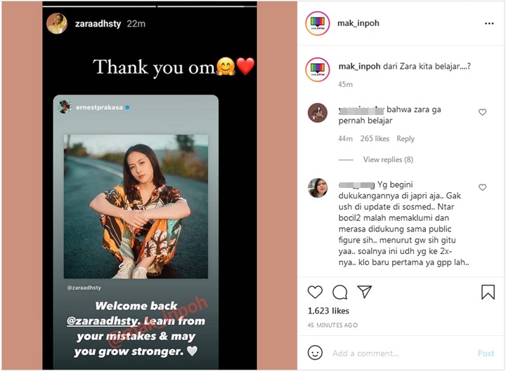 Adhisty Zara \'Comeback\' Instagram, Ernest Prakasa Kena Sindir Usai Beri Dukungan Begini