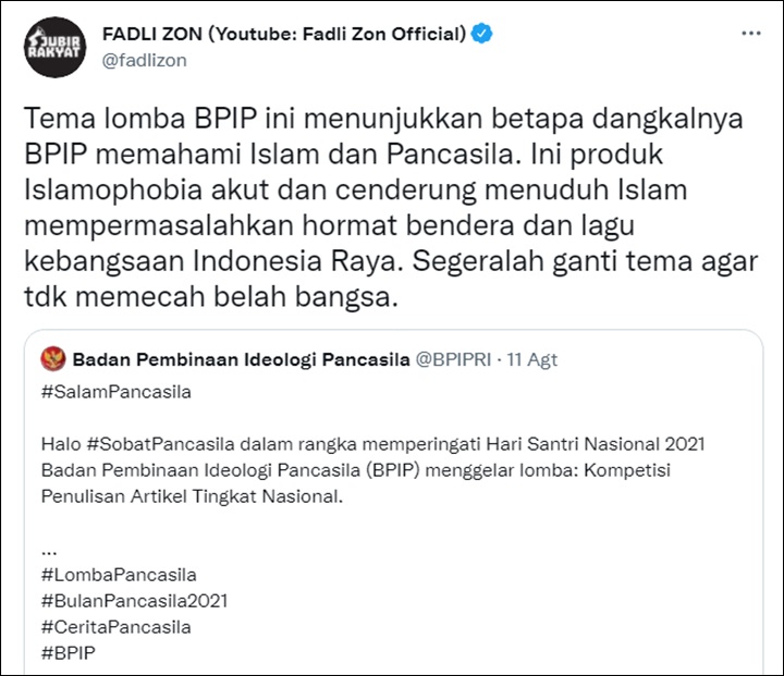 Fadli Zon Kritik Tema Lomba BPIP
