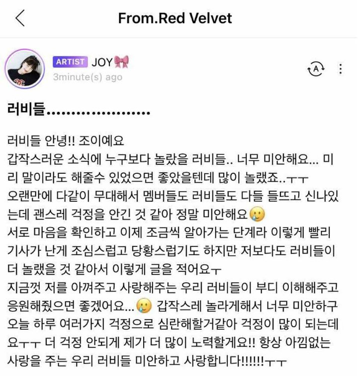 Joy Red Velvet Minta Maaf Soal Berita Kencan dengan Crush