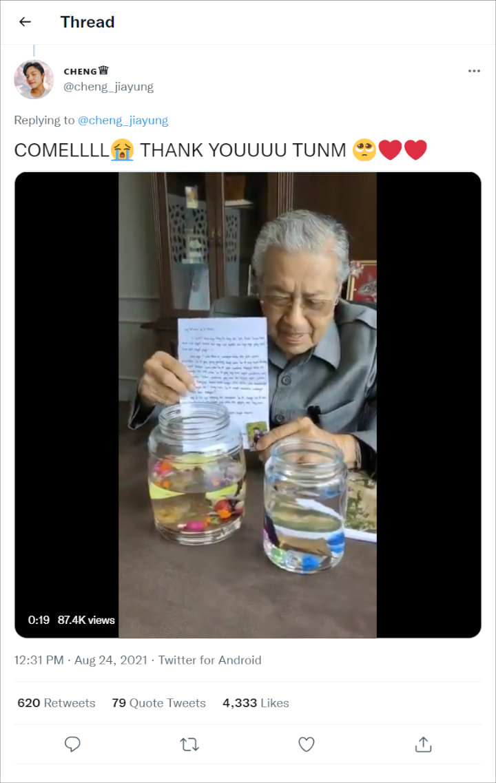 Pelajar Ini Kaget Bukan Main Ikan Cupangnya Dibeli Mahathir Mohamad, Alasannya Tak Terduga