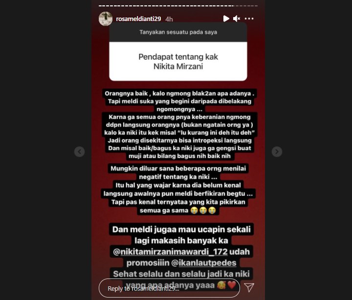 Rosa Meldianti Ungkap Sifat Nikita Mirzani Sebenarnya