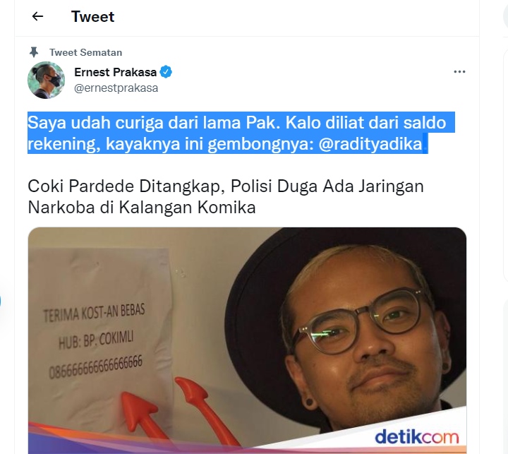 Ernest Prakasa Tuding Jadi \'Gembong\' Narkoba Komika