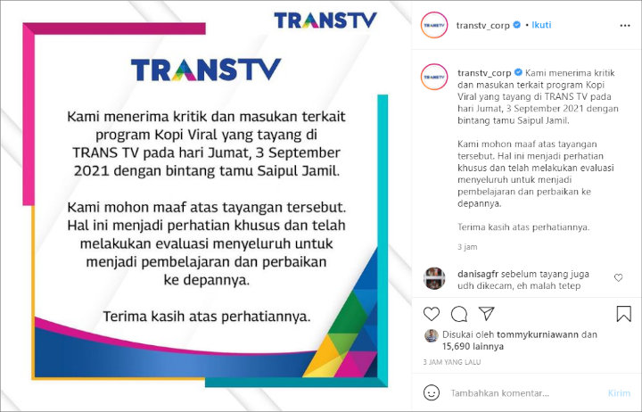 Pihak Trans TV Akhirnya Minta Maaf Usai Tuai Kecaman Gara-Gara Hadirkan Saipul Jamil