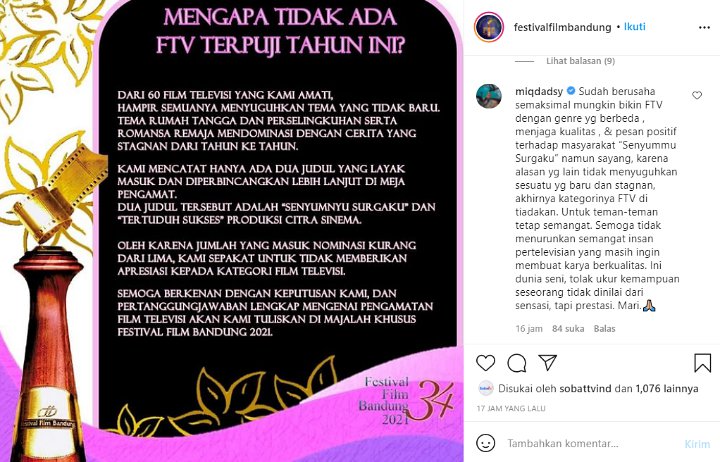 FFB 2021: Terungkap Alasan Nominasi FTV Terpuji Ditiadakan, Miqdad Addausy Beri Komentar Begini