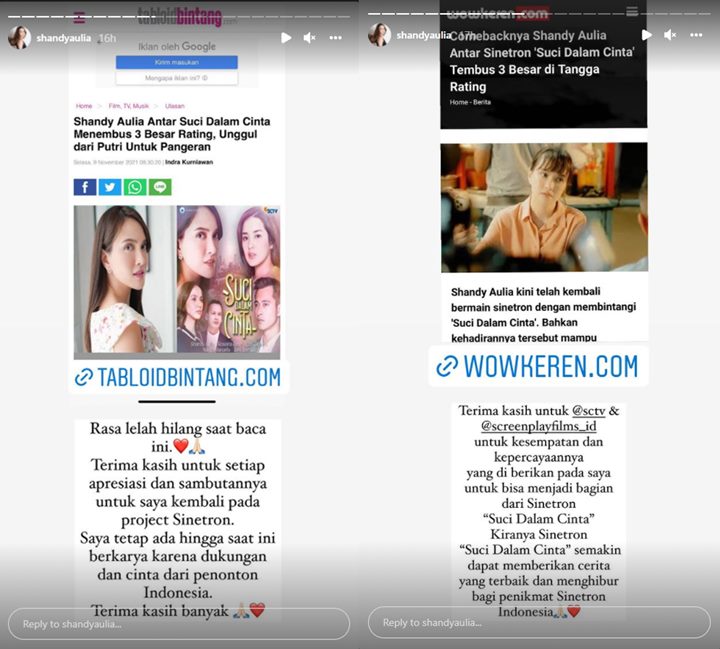 Begini Reaksi Shandy Aulia Saat Sinetron \'Suci Dalam Cinta\' yang Dibintanginya Tembus 3 Besar