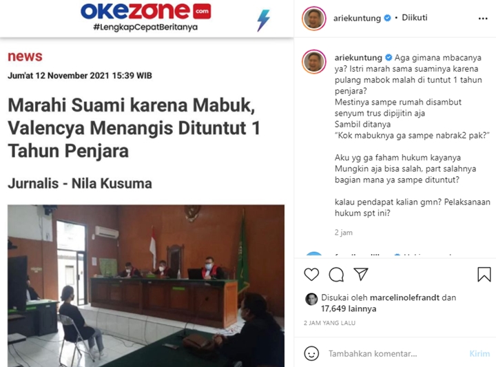 Arie Untung Komentari Kasus Istri Dipenjara Karena Ingatkan Suami yang Mabuk