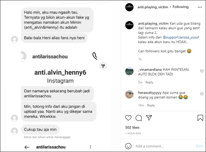 Mendadak Muncul Akun Instagram Anti Larissa Chou, Foto Profil Jadi Bahan Tertawaan