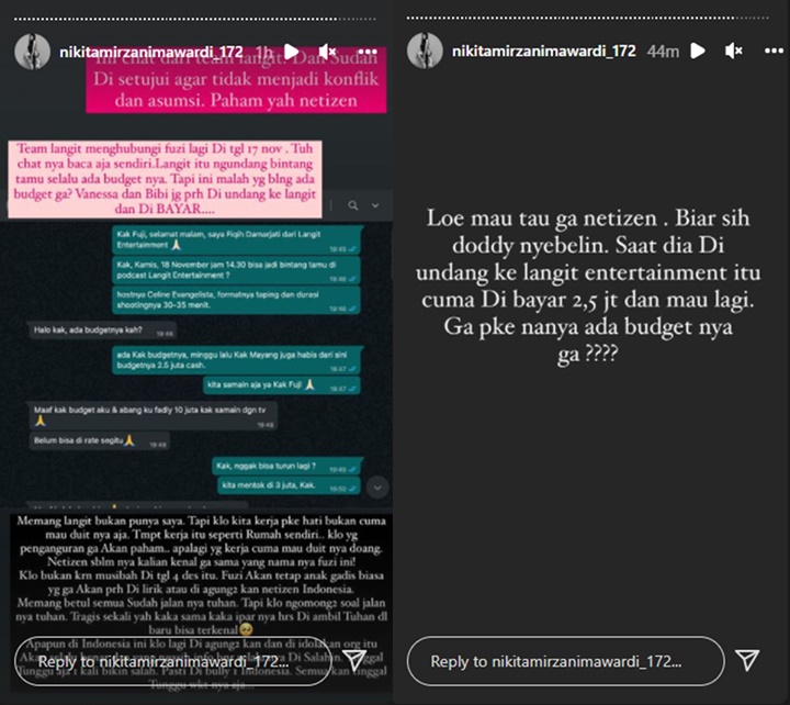 Bandingkan dengan Doddy, Nikita Mirzani Sebarkan Chat Fuji Minta Honor Puluhan Juta