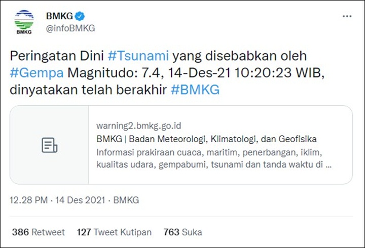 Peringatan Dini Tsunami Berakhir