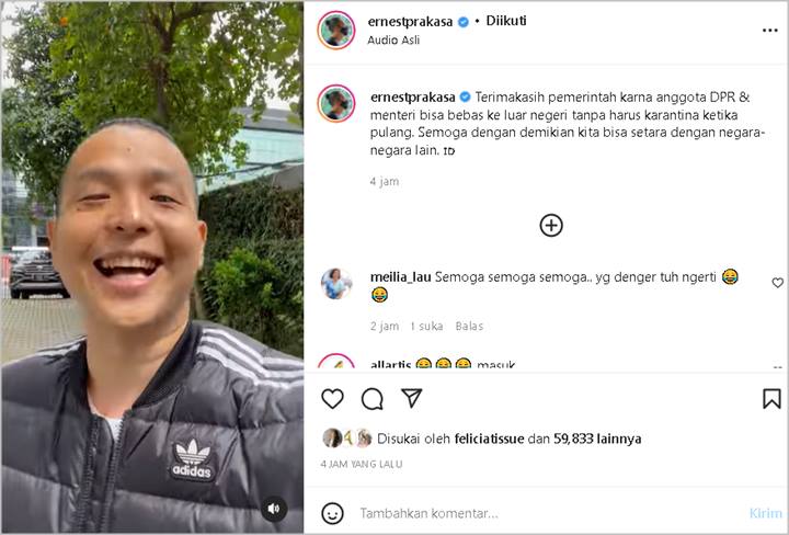 Tajam, Komentar Ernest Prakasa Soal Aturan Karantina Bagi Pejabat Bikin Ngakak Sekaligus Deg-degan