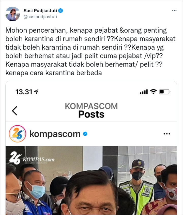 Susi pertanyakan aturan karantina