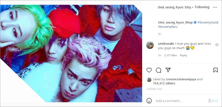 T.O.P Posting Foto BIGBANG Tanpa Seungri, Caption Curi Perhatian
