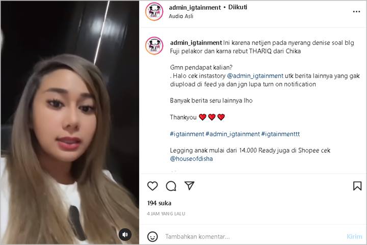 Denise Chariesta Diduga Tanggapi ‘Serangan’ Netizen Usai Komentari Asmara Fuji, Singgung Simpati